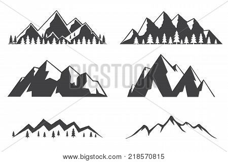 Set of mountains icons isolated on white background. Winter symbol for family vacation, activity or travel. For logo design, patches, seal, logo or badges. Mountains sign in flat style. Vector.