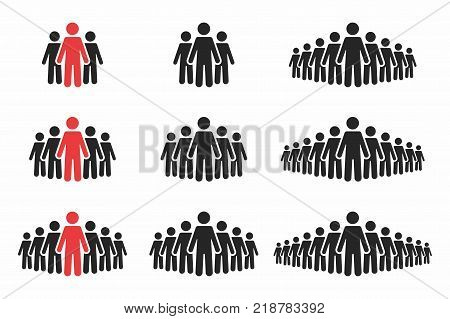 People icon set. Crowd of people in black and red colors. Group of people in pictogram shape. Elements for infographic leadership concept. Vector