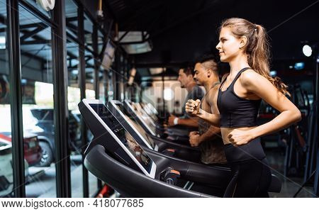 Sporty Group Running Cardio On Treadmills Exercise Burning Calorie In Fitness Gym Fit Body Healthy L