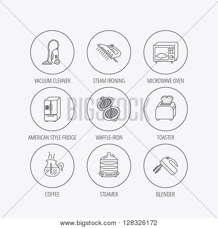 Microwave oven, coffee and blender icons. Refrigerator fridge, steamer and toaster linear signs. Vacuum cleaner, ironing and waffle-iron icons. Linear colored in circle edge icons.