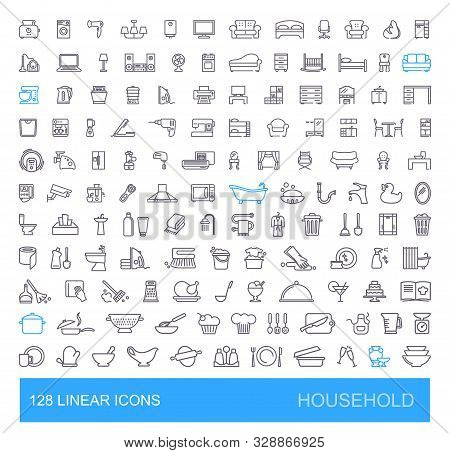 Vector Icons On Furniture, Kitchen, Cleaning, Household Appliances And Equipment. 128 Linear Househo