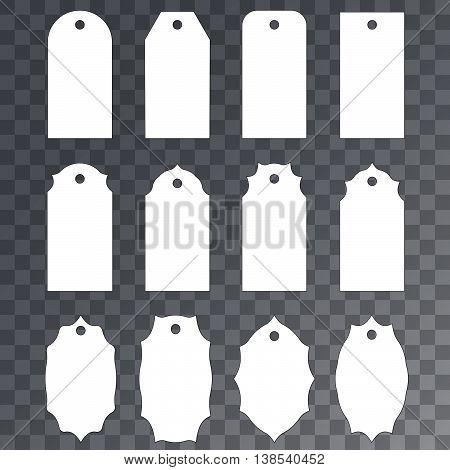 Blank sale or gift tags set. Hang tags on transparent background. Rectangular, star and badge shape. Shopping label with place for price and discount captions. Vector illustration.