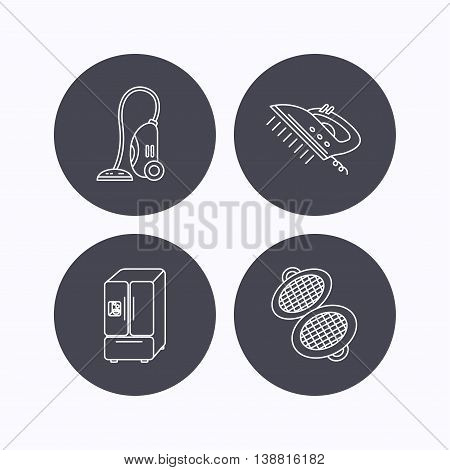 Vacuum cleaner, steam ironing and waffle-iron icons. American style fridge linear sign. Flat icons in circle buttons on white background. Vector