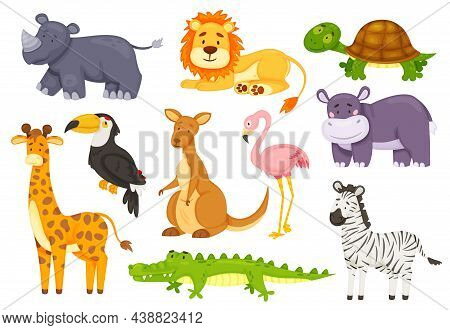 Cartoon Funny African Animals, Wild Safari Animal. Cute Zebra, Rhino, Flamingo, Giraffe, Crocodile, 