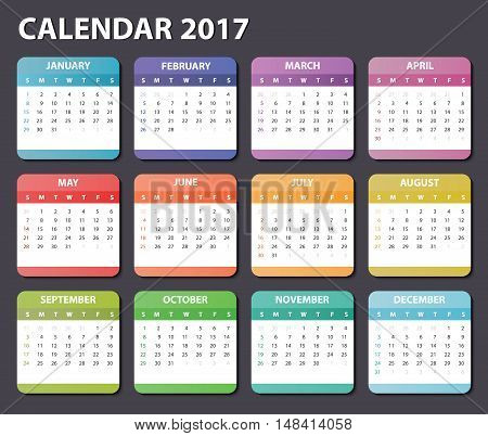 calendar 2017, starts sunday, organizer 2017, vector calendar 2017, square calendar design for 2017 year, colored calendar 2017, calendar for 2017