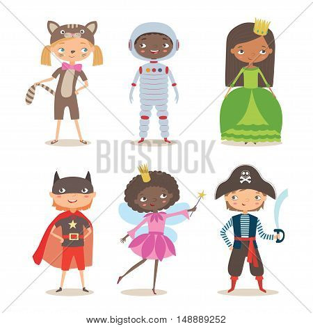 Kids of different nation in costumes for party or holiday. Pirate, fairy, superhero, princess, astronaut and kitten costume. Cartoon vector illustration of boys and girls in different costume