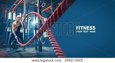 Woman With Battle Rope Battle Ropes Exercise In The Fitness Gym. Gym, Sport, Rope, Training, Athlete