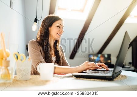 Business Woman Working From Home On Laptop Computer.checking Email.working From Distance.online Busi