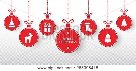 Merry Christmas Balls Set On Transparent Background. Bright Red Hanging Xmas Balls With Santa Hat, R