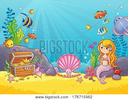 Vector background with an underwater world in a children's style. A mermaid is sitting on a rock. Wooden chest with gold on the bottom of the sea. Seabed in a cartoon style.