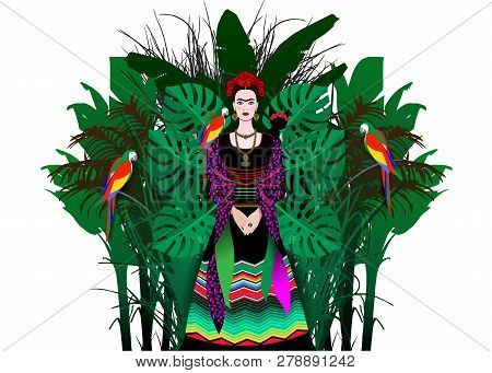 Frida Kahlo Vector Portrait,  Mexican Woman With A Traditional Hairstyle. Mexican Crafts Jewelry And