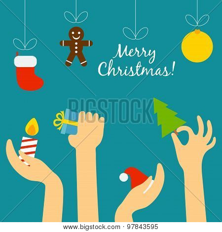 People hand holding a Christmas symbolism and stretch the threads on which hang party supplies