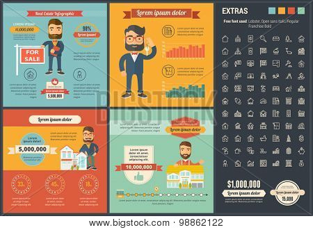 Real Estate infographic template and elements. The template includes illustrations of hipster men and huge awesome set of thin line icons. Modern minimalistic flat vector design.