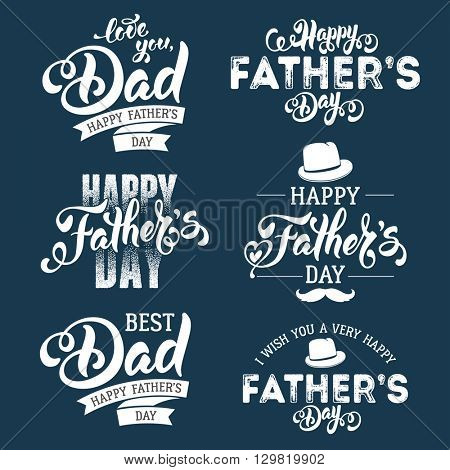 Fathers Day Lettering Calligraphic Emblems, Badges Set. Isolated on Dark Blue. Happy Fathers Day, Best Dad, Love You Dad Inscription. Vector Design Elements For Greeting Card and Other Print Templates