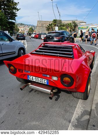 San Remo, Italy - August 8, 2021: Red Lancia Stratos Hf Rally Italian Sports Car Parked In The Stree