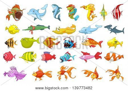 Set of funny colourful fish illustrations. Collection of sea fauna including dolphin, piranha, shark, fish hedgehog, gold fish. Vector illustration isolated on white background.