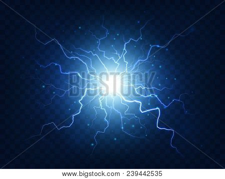 Electric Power Explosion With Electrical Flash, Sparks And Blue Lightnings. Sphere Lightning Energy 