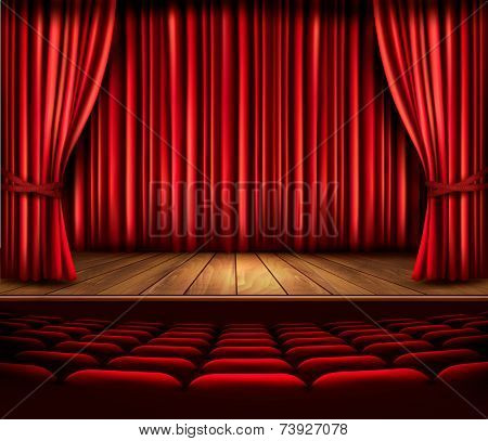 A theater stage with a red curtain, seats and a spotlight. Vector.