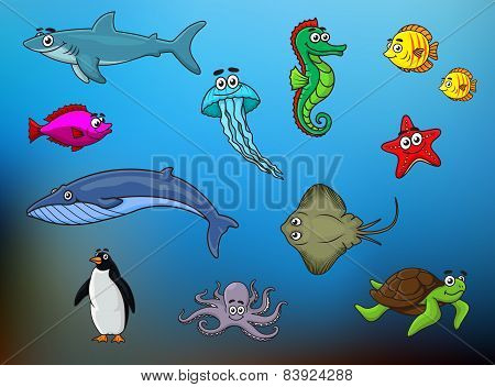 Cartoon happy smiling sea animals characters