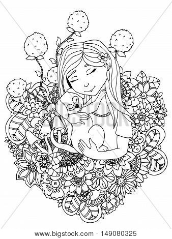 Vector illustration  girl child and puppy in flowers. Doodle drawing. Meditative exercise. Coloring book anti stress for adults. Black and white.