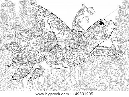 Stylized composition of turtle (tortoise) tropical fish underwater seaweed and corals. Freehand sketch for adult anti stress coloring book page with doodle and zentangle elements.