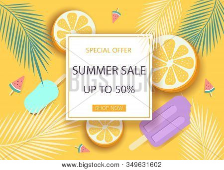 Summer background. Super sale summer banner with symbols for summer time such as oranges, ice-cream.Vector summer illustration of discount template card, summer wallpaper, summer flyer, summer invitation, summer poster, summer brochure, voucher.