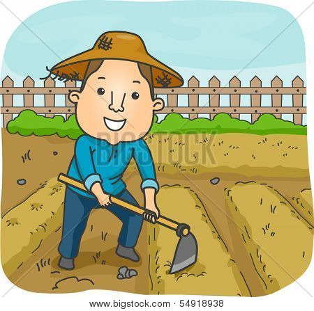 Illustration of a Male Farmer Using a Hoe to Cultivate a Garden Plot