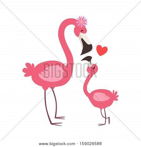 Pink Flamingo Mom With Flower Animal Parent And Its Baby Calf Parenthood Themed Colorful Illustration With Cartoon Fauna Characters. Smiling Zoo Wildlife Loving Family Members United With Heart Symbol Vector Drawing