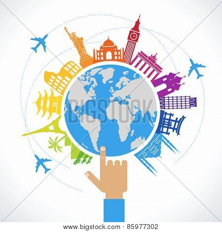 Travel concept. Flat design travel background. The hand of man shows a world map surrounded by icons of travel and landmarks