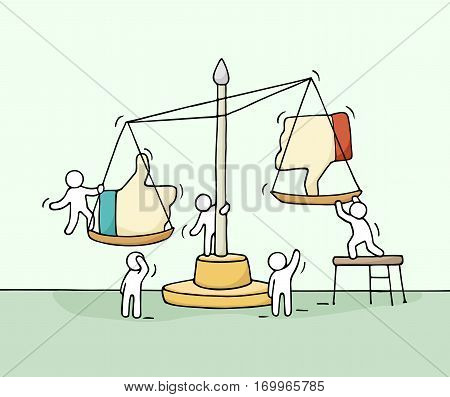 Sketch of working little people with scale. Doodle cute miniature scene of workers choosing between like and dislike. Hand drawn cartoon vector illustration for social media design.