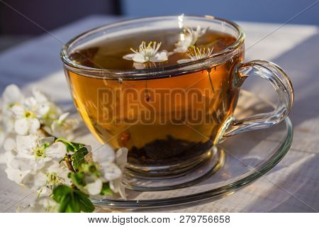 Tea. Green Tea. Herbal Tea. Mint Leaf. Tea With Apple Flavor. Tea In A Glass Cup With Apple Blossoms