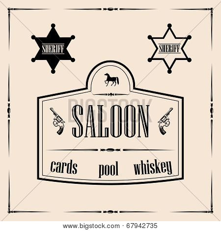 Wild west related illustrations - saloon sign with sheriff stars