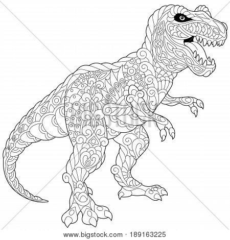 Stylized tyrannosaurus (t rex) dinosaur of the late Cretaceous period isolated on white background. Freehand sketch for adult anti stress coloring book page with doodle and zentangle elements.