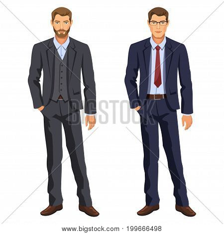 Two men. Man in business suit. Elegant young cartoon businessman. Guy in costume. Stock vector