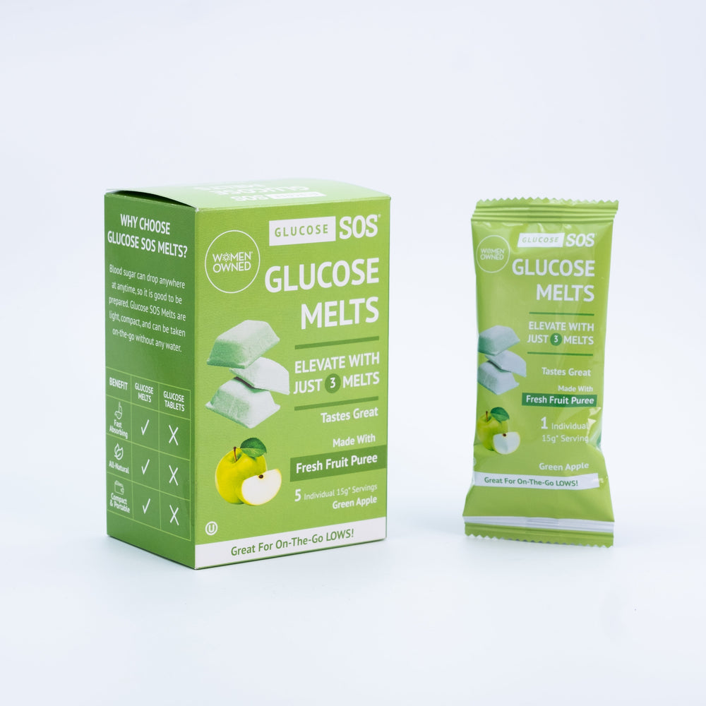 A box of Green Apple Glucose Melts with a package of melts.