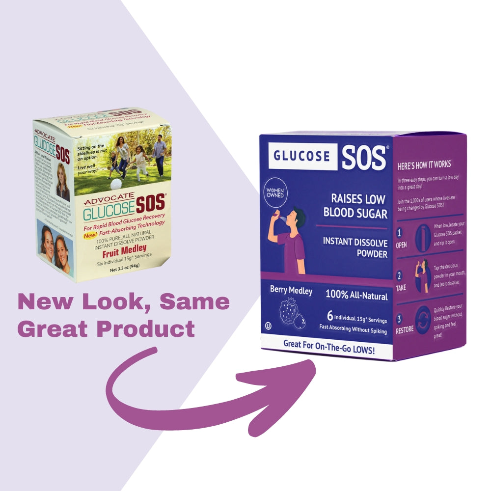 Updated box of a Glucose SOS Berry Medley showing the new look but same great product, 