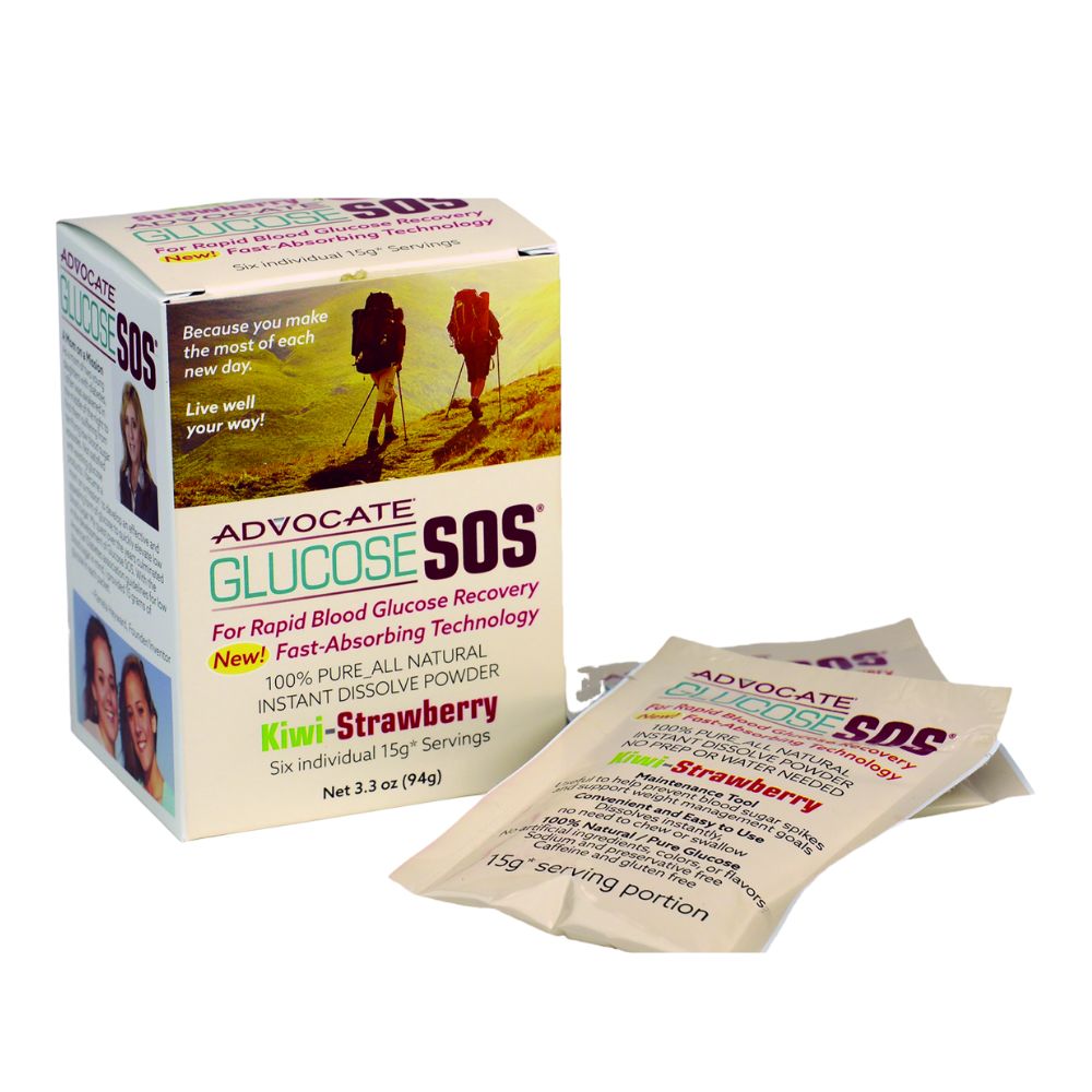 A box of Kiwi Strawberry Glucose sos six pockets with 2 packets pulled out of the box. 