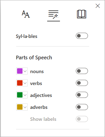 Immersive reader parts of speech