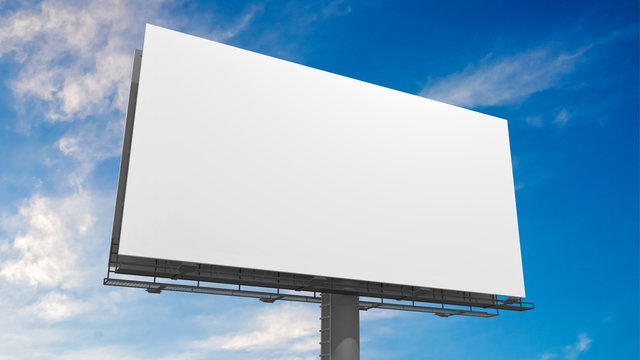 3D illustration of blank white billboard against blue sky.