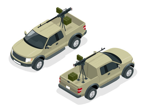 Isometric model of pickup truck armed with machine gun. Spec ops police officers SWAT in black uniform. Soldier, officer, sniper, special operation unit, SWAT flat 3d isometric illustration.