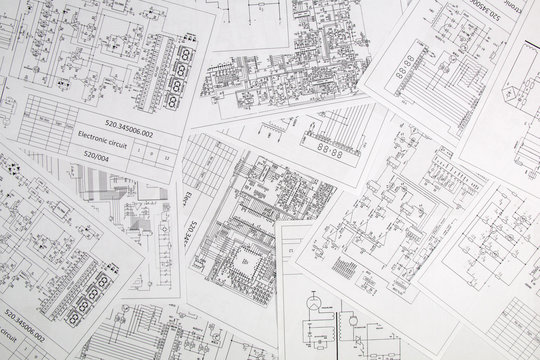 Electronics and Engineering. Printed drawings of electrical circuits.