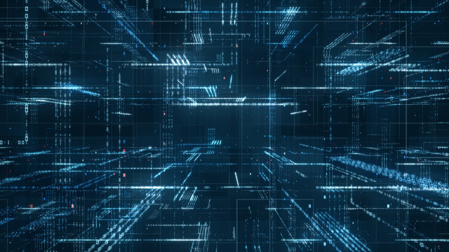 Digital binary code matrix background - 3D rendering of a scientific technology data binary code network conveying connectivity, complexity and data flood of modern digital age