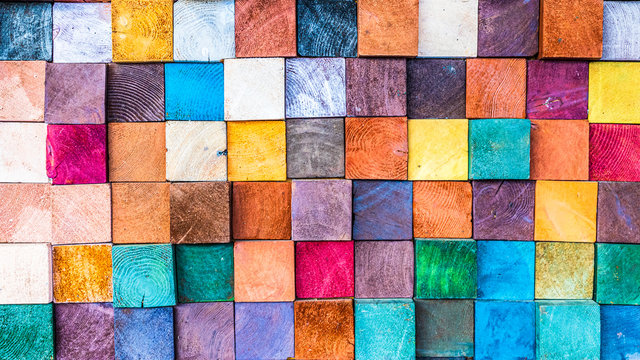 Wood aged art architecture texture abstract block stack on the wall for background, Abstract colorful wood texture for backdrop.