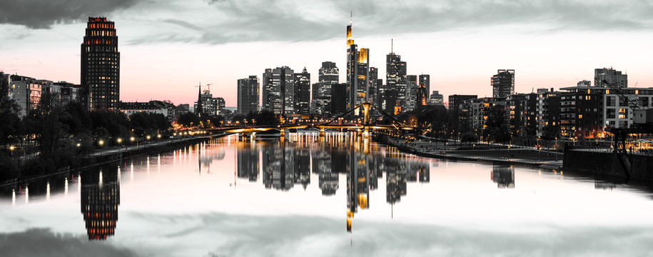 High resolution aerial panoramic view of Frankfurt, Germany after sunset.	