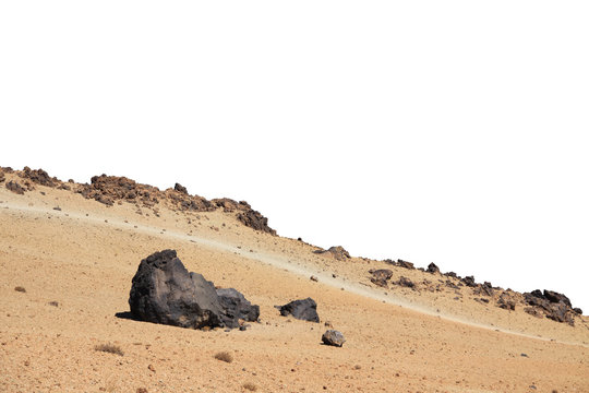 Sand desert wih rocks foreground isolated on white background. Element for matte painting, copy space.