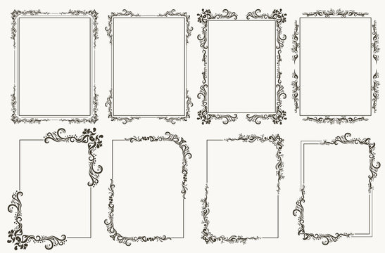 Calligraphic frame set. Borders corners ornate frames. Vector