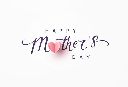 Mother's day greeting card. Vector banner with pink paper heart. Symbol of love and calligraphy text on gray background. .