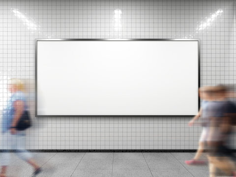 Blank horizontal big poster in public place. Billboard mockup on subway station. 3D rendering.