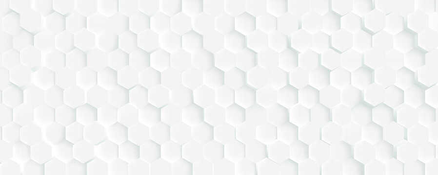 3D Futuristic honeycomb mosaic white background. Realistic geometric mesh cells texture. Abstract white vector wallpaper with hexagon grid