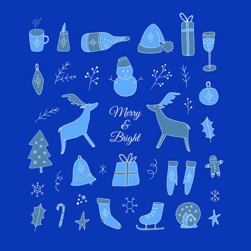 Vector set of winter symbols. Hand drawn illustrations. Holiday collection is perfect for festive design, greeting card, Christmas poster, wrapping paper, fabric textile